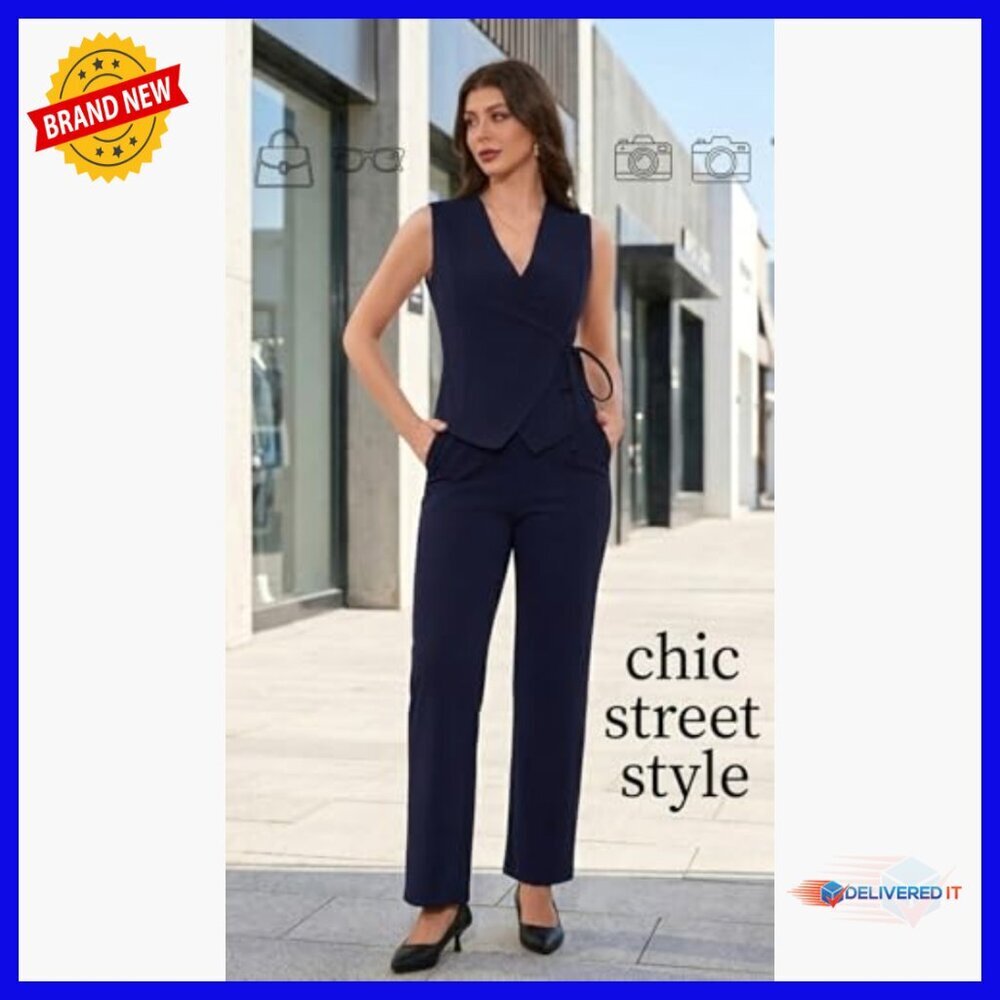 Professional 2-Piece Vest and Pants Set, Stretchy Polyester Blend, Business - Picture 3 of 7